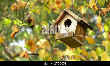Holz Vogelhaus Vogelnest hängt an einem Baum mit Natur Baum Wald Hintergrund. Stockfoto
