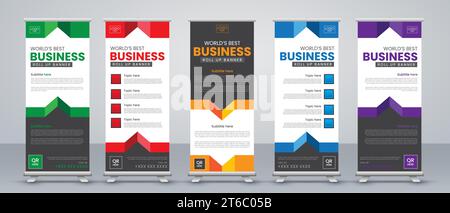 Abstraktes Roll-Up-Banner-Design in Rot, Blau, Grün, Lila, Gelb und Schwarz Stock Vektor