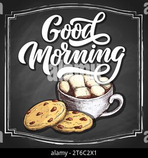 Handbeschriftung Guten Morgen auf schwarzem Hintergrund mit handgezeichneter Tasse Kaffee und Donut. Vektor-Vintage-Illustration. Stock Vektor