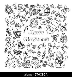 Set mit lustigen Doodle-Elementen im Weihnachtsdesign. Handgezeichneter Vektor Stock Vektor