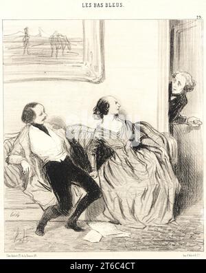 MA bonne amie, puis-je Endré!, 1844. "MA bonne amie, puis-je entrer!...as-tu fini de Collaborer avec Monsieur?" Ehemann zu Ehefrau: 'Liebling, kann ich reinkommen!...hast du mit dem Herrn fertig zusammengearbeitet?' Satirische Kritik an "Bluestockings": Frauen mit Interessen jenseits von Hausarbeit und Kinderbetreuung. Weibliche Autorinnen wurden oft als männlich und hässlich dargestellt - was impliziert, dass ihr intellektuelles Werk genauso fragwürdig war wie ihr Aussehen. Aus Les Bas-bleus, nein 29. Stockfoto