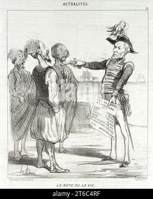 La Note ou la Vie, 1850. Das Geld oder dein Leben. Mani&#xe8;re d&#xe9;licate Don't s'y prennent les Anglais pour r&#xe9;clamer une dette &#xe0; un people ami: - Vingt-quatre heures pour payer et les int&#xe9;r&#xea;ts &#xe0; duze pour Cent! (Heikel, wie die Engländer Schulden von einer befreundeten Nation einfordern: 24 Stunden zu zahlen und Zinsen zu zwölf Prozent!) Das Gesetz lautet: Doit la Gr&#xe8;ce a l'Angleterre...Quatre Millionen (Griechenland schuldet England... vier Millionen). Aus der Zeitschrift: Le Charivari, 15. Februar 1850. Stockfoto