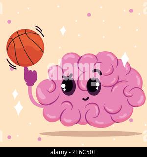 Niedliche Gehirnfigur mit einem Basketballball Vektor Stock Vektor