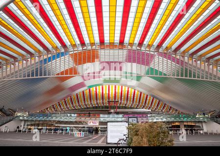 Bild vom Eingang des Bahnhofs Lüttich-Guillemins. Der Hauptbahnhof Lüttich ist der Bahnhof Lüttich-Guillemins, offiziell Lüttich-Guillemins Stockfoto