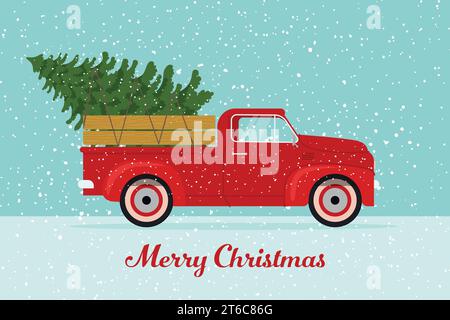 Retro-Pickup mit Weihnachtsbaum. Vektorillustration im Vintage-Stil Stock Vektor