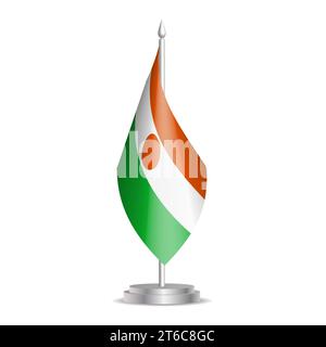 Niger-Flagge – 3D-Mini-Flagge hängt am Tischfahnenmast. Verwendbar für Gipfelpräsentationen oder Konferenzen. Vektorabbildung mit Schattierung. Stock Vektor