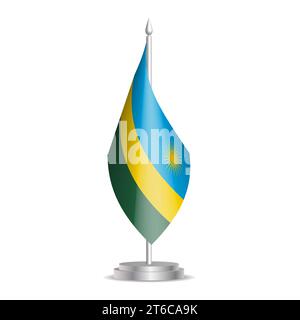 Ruanda-Flagge – 3D-Miniflagge hängt am Tischfahnenmast. Verwendbar für Gipfelpräsentationen oder Konferenzen. Vektorabbildung mit Schattierung. Stock Vektor