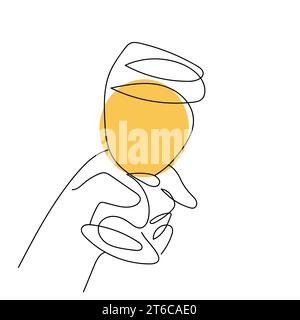 Die Hand hält ein Glas mit einem Getränk. Durchgehende einzeilige Zeichnung. Gelbes alkoholisches Getränk, tropischer Cocktail, Fruchtsaft. Toast, Glückwunsch, Beifall. Feiern, feiern. Vektor isoliert auf weiß. Stock Vektor