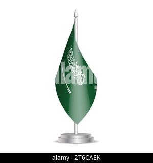 Saudi-Arabien-Flagge – 3D-Mini-Flagge hängt am Tischfahnenmast. Verwendbar für Gipfelpräsentationen oder Konferenzen. Vektorabbildung mit Schattierung. Stock Vektor