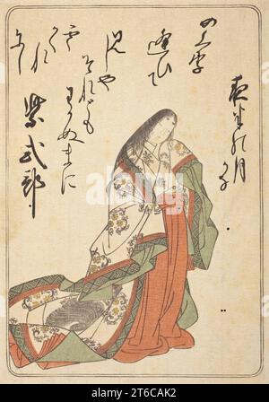Die Dichterin Murasaki Shikibu mit einem Gedicht über den Mond um Mitternacht (Bild 2 von 2), um 1775. Aus hundert Gedichten von hundert Dichtern. Stockfoto