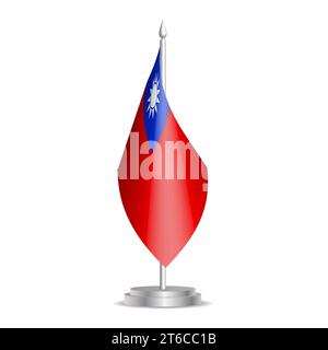 Taiwan-Flagge - 3D-Mini-Flagge hängt am Tischfahnenmast. Verwendbar für Gipfelpräsentationen oder Konferenzen. Vektorabbildung mit Schattierung. Stock Vektor