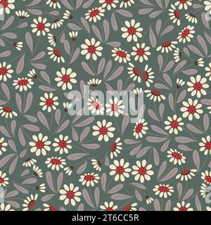Nahtloses Kamillenmuster mit Blumenmuster. Handgezeichnete weiße Blumen auf grünem Hintergrund. Stock Vektor
