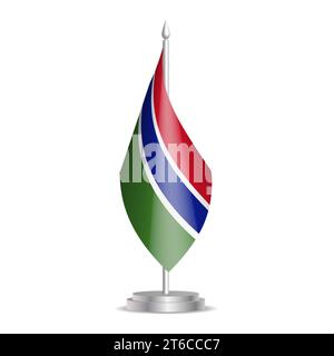 Gambia-Flagge – 3D-Mini-Flagge hängt am Tischfahnenmast. Verwendbar für Gipfelpräsentationen oder Konferenzen. Vektorabbildung mit Schattierung. Stock Vektor