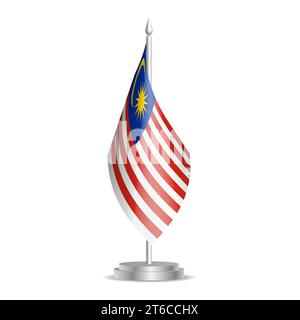 Malaysische Flagge – 3D-Mini-Flagge hängt am Tischfahnenmast. Verwendbar für Gipfelpräsentationen oder Konferenzen. Vektorabbildung mit Schattierung. Stock Vektor