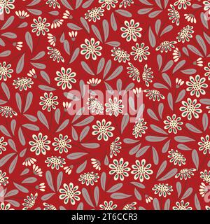 Nahtloses Gänseblümchenmuster. Handgezeichnete weiße Blumen auf rotem Hintergrund. Stock Vektor
