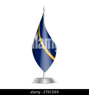 Nauru-Flagge – 3D-Mini-Flagge hängt am Tischfahnenmast. Verwendbar für Gipfelpräsentationen oder Konferenzen. Vektorabbildung mit Schattierung. Stock Vektor