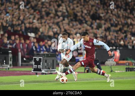 London, Großbritannien. November 2023. Rodinei von Olympiacos war am 9. November 2023 beim UEFA Europa League-Spiel zwischen West Ham United und Olympiacos Piräus im London Stadium, Queen Elizabeth Olympic Park, London, England. Foto von Joshua Smith. Nur redaktionelle Verwendung, Lizenz für kommerzielle Nutzung erforderlich. Keine Verwendung bei Wetten, Spielen oder Publikationen eines einzelnen Clubs/einer Liga/eines Spielers. Quelle: UK Sports Pics Ltd/Alamy Live News Stockfoto