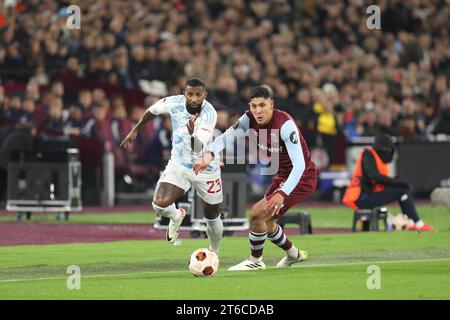 London, Großbritannien. November 2023. Rodinei von Olympiacos war am 9. November 2023 beim UEFA Europa League-Spiel zwischen West Ham United und Olympiacos Piräus im London Stadium, Queen Elizabeth Olympic Park, London, England. Foto von Joshua Smith. Nur redaktionelle Verwendung, Lizenz für kommerzielle Nutzung erforderlich. Keine Verwendung bei Wetten, Spielen oder Publikationen eines einzelnen Clubs/einer Liga/eines Spielers. Quelle: UK Sports Pics Ltd/Alamy Live News Stockfoto