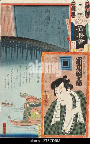 Ryogoku-Brücke; der Schauspieler Ichikawa Danjuro VIII. In der Rolle des Yokoyama no Yosaburo, 1863. Von den Blumen von Edo mit Blick auf berühmte Orte. Stockfoto