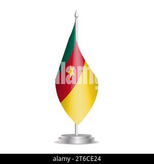 Kameruner Flagge – 3D-Miniflagge hängt am Tischfahnenmast. Verwendbar für Gipfelpräsentationen oder Konferenzen. Vektorabbildung mit Schattierung. Stock Vektor