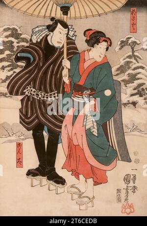 Osayo und Genta, 1848. Bando Shuka I als Osato (rechts) und Nakamura Utaemon IV als Igami no Gonta in Goban Tadanobu yuki no nachiguro (??????????? ). Stockfoto