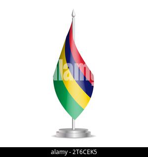 Mauritius-Flagge – 3D-Miniflagge hängt am Tischfahnenmast. Verwendbar für Gipfelpräsentationen oder Konferenzen. Vektorabbildung mit Schattierung. Stock Vektor