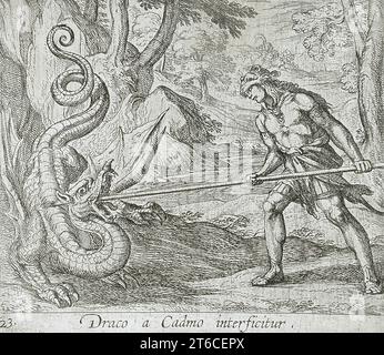 Cadmus tötet die Schlange, veröffentlicht 1606. Aus den Metamorphosen von Ovid, pl. 23. Stockfoto