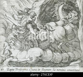 Pluto trägt Proserpina an der Nymphe Cyane vorbei, veröffentlicht 1606. Aus den Metamorphosen von Ovid, pl. 47. Stockfoto