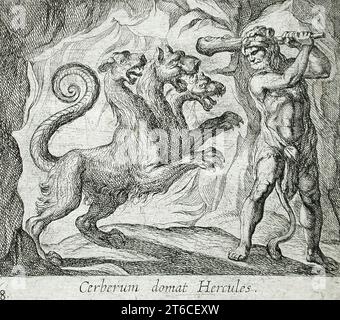 Hercules und Cerberus, veröffentlicht 1606. Aus den Metamorphosen von Ovid, pl. 68. Stockfoto