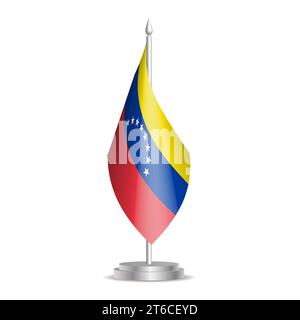 Venezolanische Flagge – 3D-Mini-Flagge hängt am Tischfahnenmast. Verwendbar für Gipfelpräsentationen oder Konferenzen. Vektorabbildung mit Schattierung. Stock Vektor