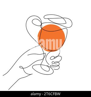 Die Hand hält ein Glas mit einem Getränk. Durchgehende einzeilige Zeichnung. Orangen-alkoholisches Getränk, tropischer Cocktail, Fruchtsaft. Toast, Glückwunsch, Beifall. Feiern, feiern. Vektor isoliert auf weiß. Stock Vektor
