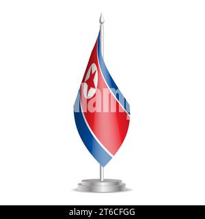 Nordmazedonien Flagge - 3D Mini Flagge hängt am Desktop Fahnenmast. Verwendbar für Gipfelpräsentationen oder Konferenzen. Vektorabbildung mit Schattierung. Stock Vektor