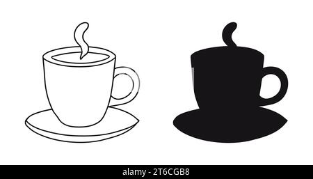 Eine Tasse heißes Getränk, Tee, Kaffee, Cappuccino, heiße Schokolade. Tasse mit Griff auf Untertasse mit Dampf. Trinkgeschirr. Silhouette und Umrissdarstellung. Schwarz-weiß-Vektor isoliert auf weiß. Symbol Stock Vektor
