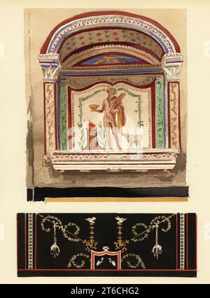 Lararium Nische Gemälde gewidmet Herkules in einem nebengebäude (Casa del Cenacolo, V.2.h) zum Haus der Silbernen Hochzeit, Region V.2.i. Pompeji. Vierter Pompeji-Stil. Dekoratives Geländer (unten). Laraire consacre a Hercule, partie annexe de la maison des Noces dargent, Region V.2. Motif decoratif de cimaise. Lithographie von Pierre Guzman aus seiner eigenen Dekorationsmurale A Pompei, (Wanddekoration bei Pompeji), Editions Albert Morance, Paris, 1924. Stockfoto