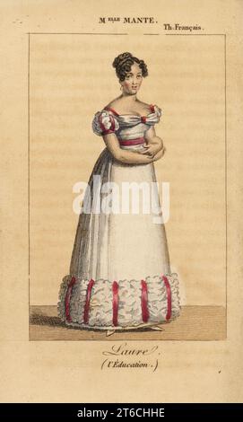 Die französische Schauspielerin Louise-Charlotte-Theophile-Delphine Escoffie oder Mlle Mante als Laure in dem Stück LEducation ou les Deux Cousines von Casimir Bonjour am Theater Francais. Handkolorierter Kupferstich aus Charles Malos Almanach des Spectacles par K.Y.Z, Chez Janet, Paris, 1823. Stockfoto