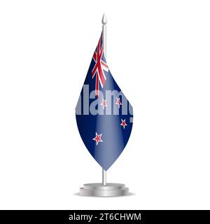 Neuseeländische Flagge – 3D-Mini-Flagge hängt am Tischfahnenmast. Verwendbar für Gipfelpräsentationen oder Konferenzen. Vektorabbildung mit Schattierung. Stock Vektor