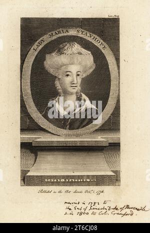 Anna-Maria Stanhope, Tochter von William Stanhope, 2. Earl of Harrington, (1760-1834). Verheiratet 1782 mit Thomas Pelham-Clinton, 3. Duke of Newcastle, Earl of Lincoln, Duke of Newcastle. Die handschriftliche Notiz besagt irrtümlich, dass sie 1800 wieder mit Colonel Robert Crauford verheiratet war. Ovaler Porträt Kupferstich Nummer 8 aus der Serie von Court Beauties, veröffentlicht im London Magazine, R. Baldwin, London, 1776. Stockfoto