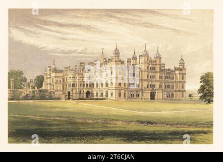 Burghley House, Lincolnshire, England. Elisabethanisches Wunderhaus, erbaut 1555 für Sir William Cecil, 1. Baron Burghley. Mit Gärten und See, die von Lancelot Capability Brown im 18. Jahrhundert angelegt wurden. Farbholzblock von Benjamin Fawcett im Baxter-Prozess einer Illustration von Alexander Francis Lydon von Reverend Francis Orpen Morriss malerische Ansichten der Sitze von Adligen und Herren von Großbritannien und Irland, William Mackenzie, London, 1880. Stockfoto