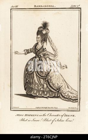 Mrs. Elizabeth Hopkins in der Rolle der Irene in John Browns Barbarossa. Sie spielte die Rolle in London jedoch nicht, ihre Mutter spielte sie 1761. Michael Sharp, 1756–1801, Tochter von William Hopkins und Schauspielerin Elizabeth Hopkins. Kupferstich von J. Thornthwaite nach einer Illustration von James Roberts vom Bells British Theatre, bestehend aus den angesehensten englischen Theaterstücken, John Bell, London, 1777. Stockfoto