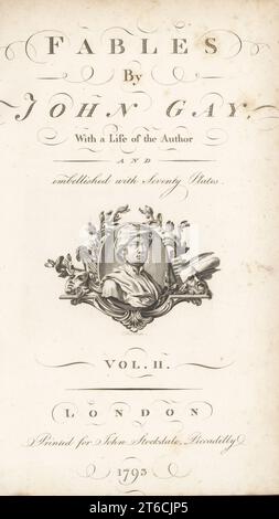 Kalligraphische Titelseite zu Band 2 mit Büste des Dichters John Gay mit Girlanden, dramatischen Masken, Pfannenpfeifen, Fackeln. Copperplate-Gravur von John Hall aus Fables von John Gay, mit einem Leben des Autors, John Stockdale, London, 1793. Stockfoto