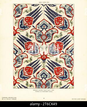 Platte aus Keramikfliesen mit Tulpen und Blumen in der Esrefzade-Moschee in Iznik, Bursa, hergestellt in Iznik, Türkei, um 1610. Mosquee dEchref Pacha Zade a Isnik. Wandgemälde Panneau de revetement. Isnik (Vers 1610). Pochoir (Schablone) handkolorierte Lithografie von Alexandre Raymonds Faience Decorative de la Vieille Turquie, Dekorative Keramik aus der antiken Türkei, Editions Albert Morance, Paris, 1927. Stockfoto