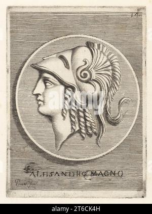 Profilporträt von Alexander dem Großen, Alexander III. Von Makedonien, 356 323 v. Chr., König des antiken griechischen Königreichs Makedonien. Er trägt einen korinthischen Helm mit drei Federn und einer Schlange. Von einer Goldmünze aus der Sammlung von Kardinal Camillo Massimo. Alessandro Magno. Kupferstich von Etienne Picart nach Giovanni Angelo Canini aus Iconografia, cioe disegni d'imagini de famosissimi monarchi, regi, filososi, poeti ed oratori dell' Antichita, Zeichnungen von Bildern berühmter Monarchen, Könige, Philosophen, Dichter und Redner der Antike, Ignatio deLazari, Rom, 1699. Stockfoto