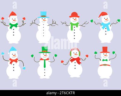 Schneemänner auf weißem Hintergrund. Schneemänner tragen Hüte, Schals, Fäustlinge, Krawatten, Kopfhörer und Fliege als Anzug. Schneemann aus drei Schnee Stock Vektor