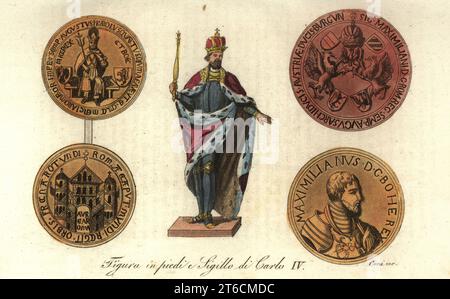 Stehende Figur und Siegel aus der Goldenen Bulle des Königs Wenzel IV. Von Böhmen, Kaiser Karl Heiligen Römischen, 1316–1378. Figura in piedi e Sigillo di Carlo IV Handkolorierter Kupferstich von Giulio Ferrarios Kostüme Alte und Moderne der Völker der Welt, Il Kostüm Antico e Moderno, Florenz, 1844. Stockfoto