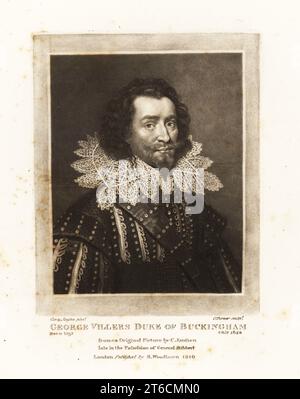 George Villiers, 1. Duke of Buckingham, 1592-1628, englischer Höfling, Staatsmann, Und Mäzen der Künste, Favorit möglicherweise Liebhaber von König James I. Mezzotint Stich von Charles Turner nach einem Porträt von Cornelius Janssen aus Richard Earlom und Charles Turner's Portraits of Characters Illustrious in British History Graved in Mezzotinto, veröffentlicht von S. Woodburn, London, 1810. Stockfoto