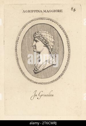 Büste von Agrippina dem Älteren, um 14 v. Chr. 33 n. Chr., prominentes Mitglied der Julio-Claudianischen Dynastie, Ehefrau des römischen Generals Germanicus Julius Cäsar. In Chrysolit. Agrippina Maggiore. Bei Grisolita. Kupferstich von Giovanni Battista Galestruzzi nach Leonardo Agostini aus Gemmae et Sculpturae Antiquae Depicti ab Leonardo Augustino Senesi, Abraham Blooteling, Amsterdam, 1685. Stockfoto