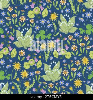 Nahtloses Millefleurs-Muster. Handgezeichnete Wildblumen auf blauem Hintergrund. Stock Vektor