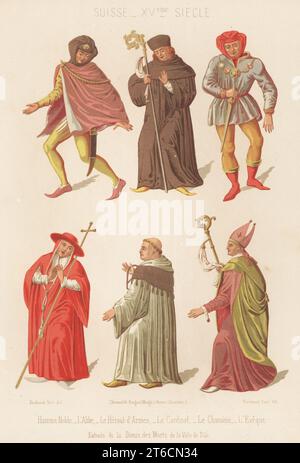 Schweizer Männerkostüme, 15. Jahrhundert. Adliger, Abt, Herald, Kardinal, Kanon und Bischof. Homme Noble, l'abbe, le Heraut-d'Arms, le Kardinal, le chanoine, l'eveque. Suisse, XVe Siecle. Von Danse des Morts in Basel. Chromolithographie gezeichnet und lithographisch gezeichnet von Ferdinand Sere aus Charles Louandres Les Arts Somptuaires, The Sumptuary Arts, Hangard-Mauge, Paris, 1858. Stockfoto