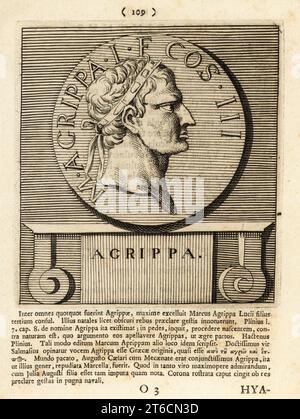 Marcus Vipsanius Agrippa trug eine rostrale Krone, um 64/62 12 v. Chr., römischer General in der Schlacht von Actium, Staatsmann und Architekt des Pantheons. Von einer Münze, die unter Titus geschlagen wurde. HERR AGRIPPA L F COS III Kupferstich von Pieter Bodart (1676–1712) aus Henricus spoors Deorum et Heroum, Virorum et Mulierum Illustrium imagines Antiquae Illustatae, Götter und Helden, Männer und Frauen, illustriert mit antiken Bildern, Petrum, Amsterdam, 1715. Erstmals 1707 als Favissæ utriusque antiquitatis tam Romanæ quam Græcæ veröffentlicht. Henricus Spoor war ein niederländischer Arzt, klassischer Gelehrter, Dichter und Schriftsteller Stockfoto