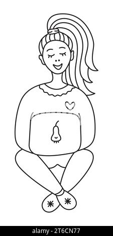 Frau Freelancer, Mädchen mit einem Laptop, süße schwarze Linie Vektor-Kritzelei Stock Vektor